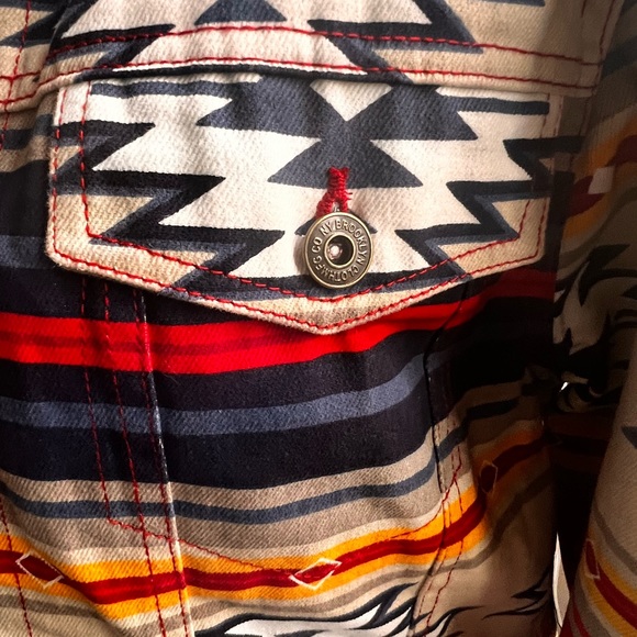NWT Yellowstone Inspired Aztec Print Sherpa Lined Button Up Denim Jacket - Picture 6 of 8